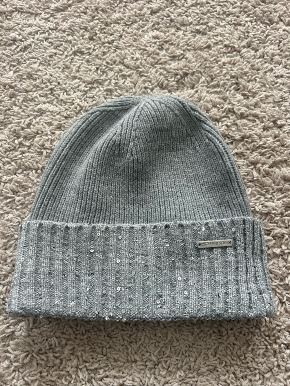 Michael Kors Gray Ribbed Knit Hat with Logo Tag
